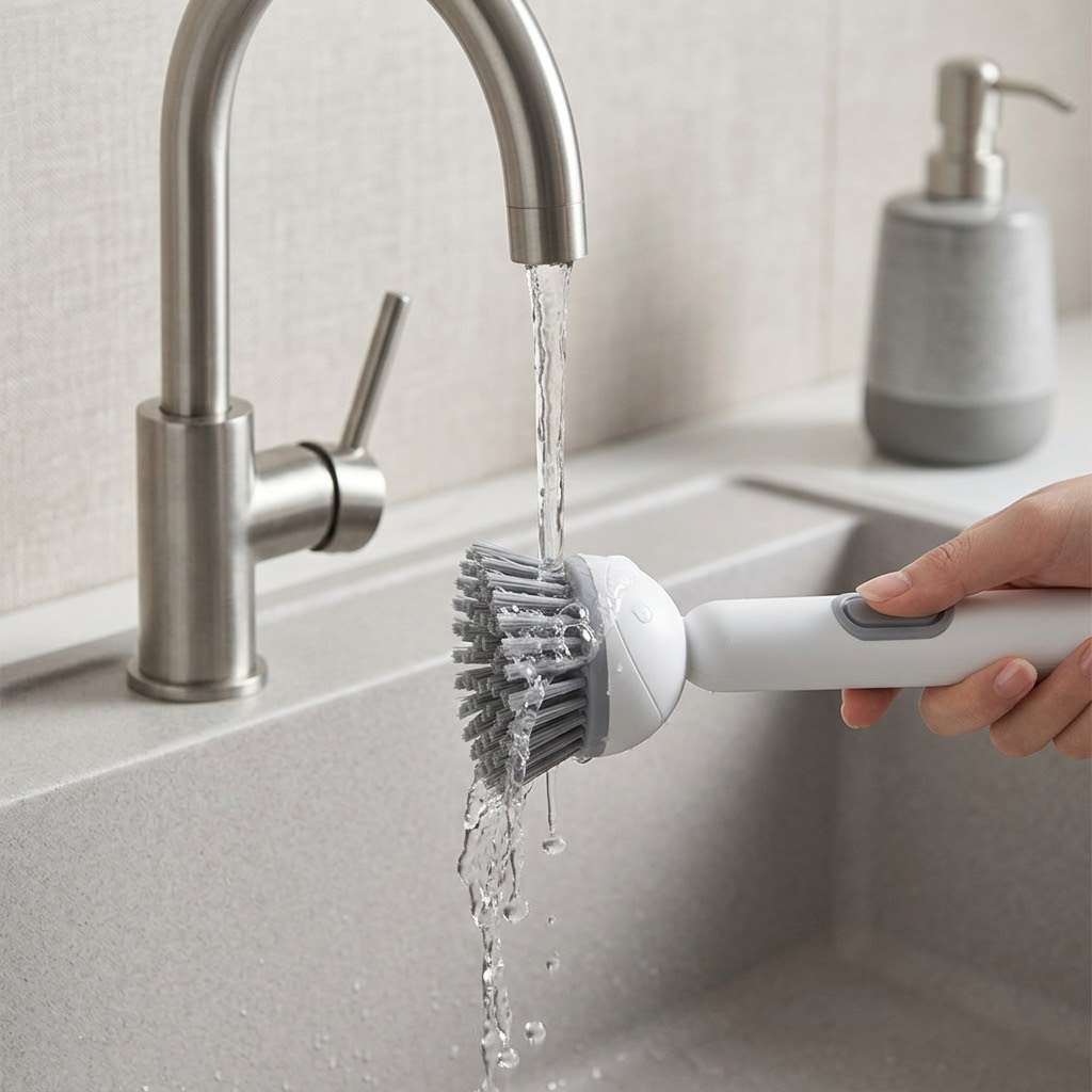 Qylinacosh Soap Dispensing Dish Brush with Long Handle, Multi-functional Kitchen Scrub Brush for Pots, Pans and Sink, Press-to-Release Liquid Cleaning Tool