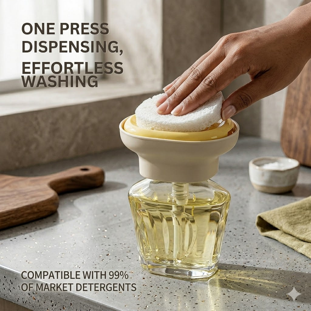 Qylinacosh Premium Soap Dispenser with Sponge Holder - 2-in-1 Compact Countertop Dish Soap Pump - One-Hand Press Operation for Effortless Kitchen Cleaning