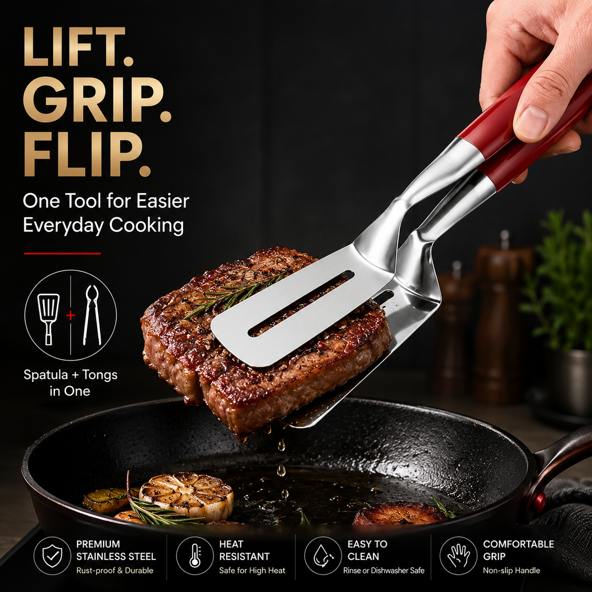 LAST DAY 50% OFF 🍳Qylinacosh®  2-in-1 Stainless Steel Spatula Tongs – Grip, Flip & Serve
