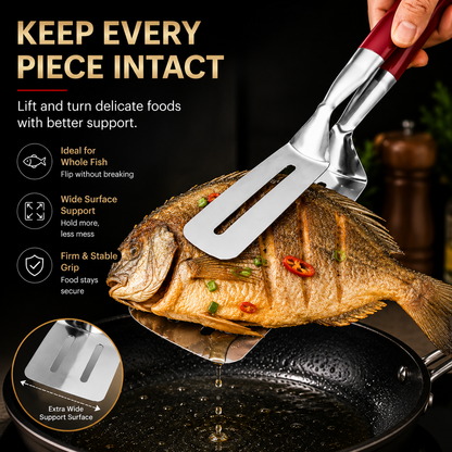 LAST DAY 50% OFF 🍳Qylinacosh®  2-in-1 Stainless Steel Spatula Tongs – Grip, Flip & Serve