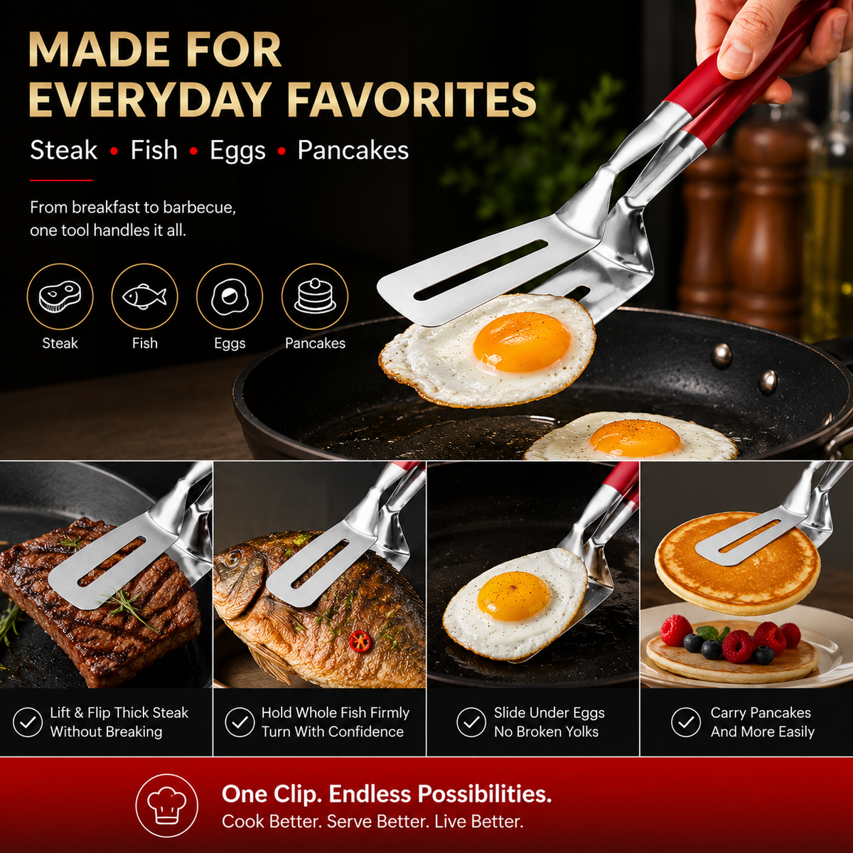 LAST DAY 50% OFF 🍳Qylinacosh®  2-in-1 Stainless Steel Spatula Tongs – Grip, Flip & Serve