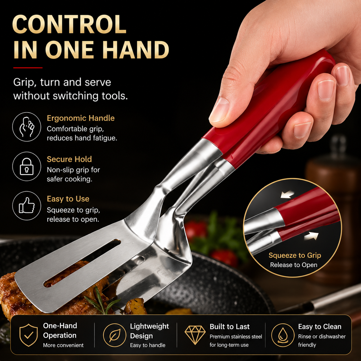 LAST DAY 50% OFF 🍳Qylinacosh®  2-in-1 Stainless Steel Spatula Tongs – Grip, Flip & Serve
