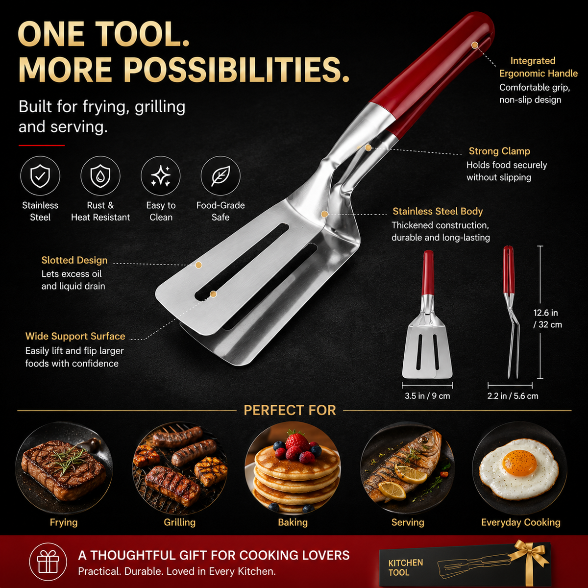 LAST DAY 50% OFF 🍳Qylinacosh®  2-in-1 Stainless Steel Spatula Tongs – Grip, Flip & Serve