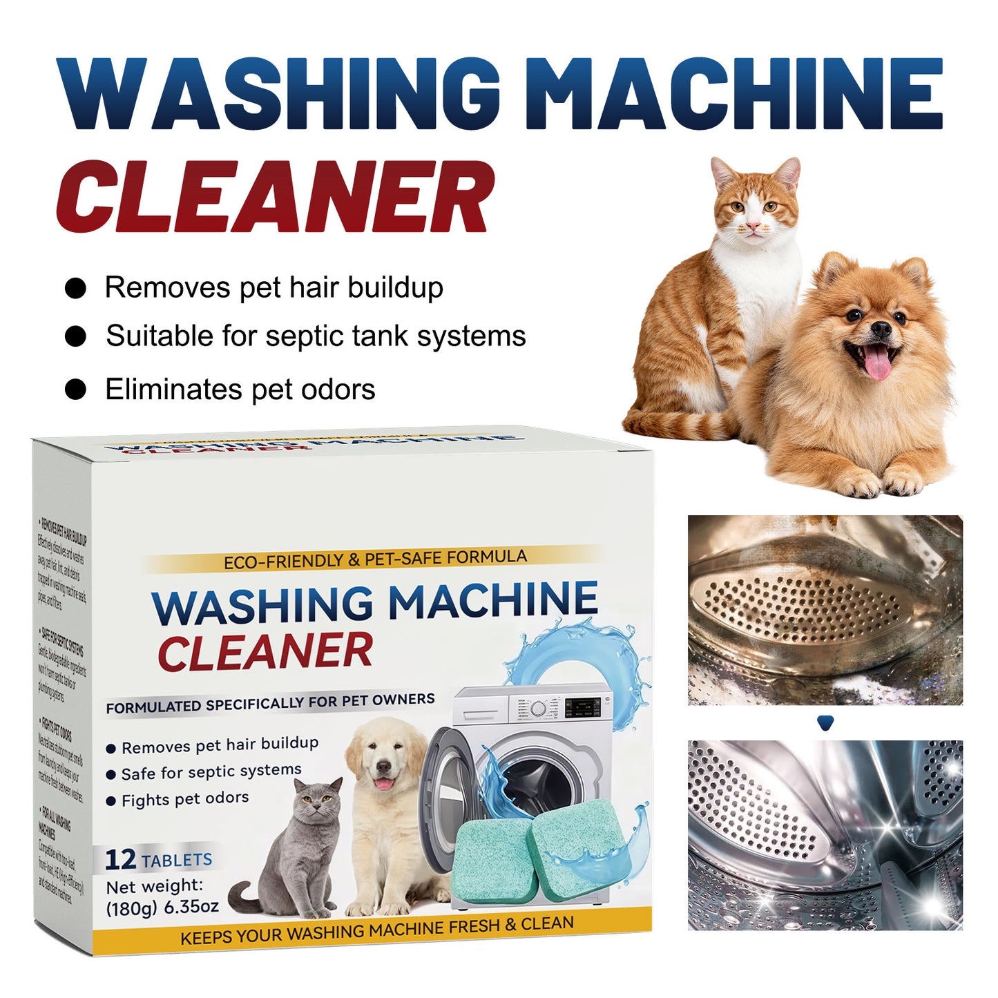 Rekulo  Eco-Friendly Washing Machine Cleaner 12 Tablets Removes Pet Hair Buildup & Fights Odors for Fresh Clean Washers