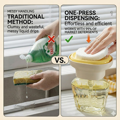 Qylinacosh Premium Soap Dispenser with Sponge Holder - 2-in-1 Compact Countertop Dish Soap Pump - One-Hand Press Operation for Effortless Kitchen Cleaning