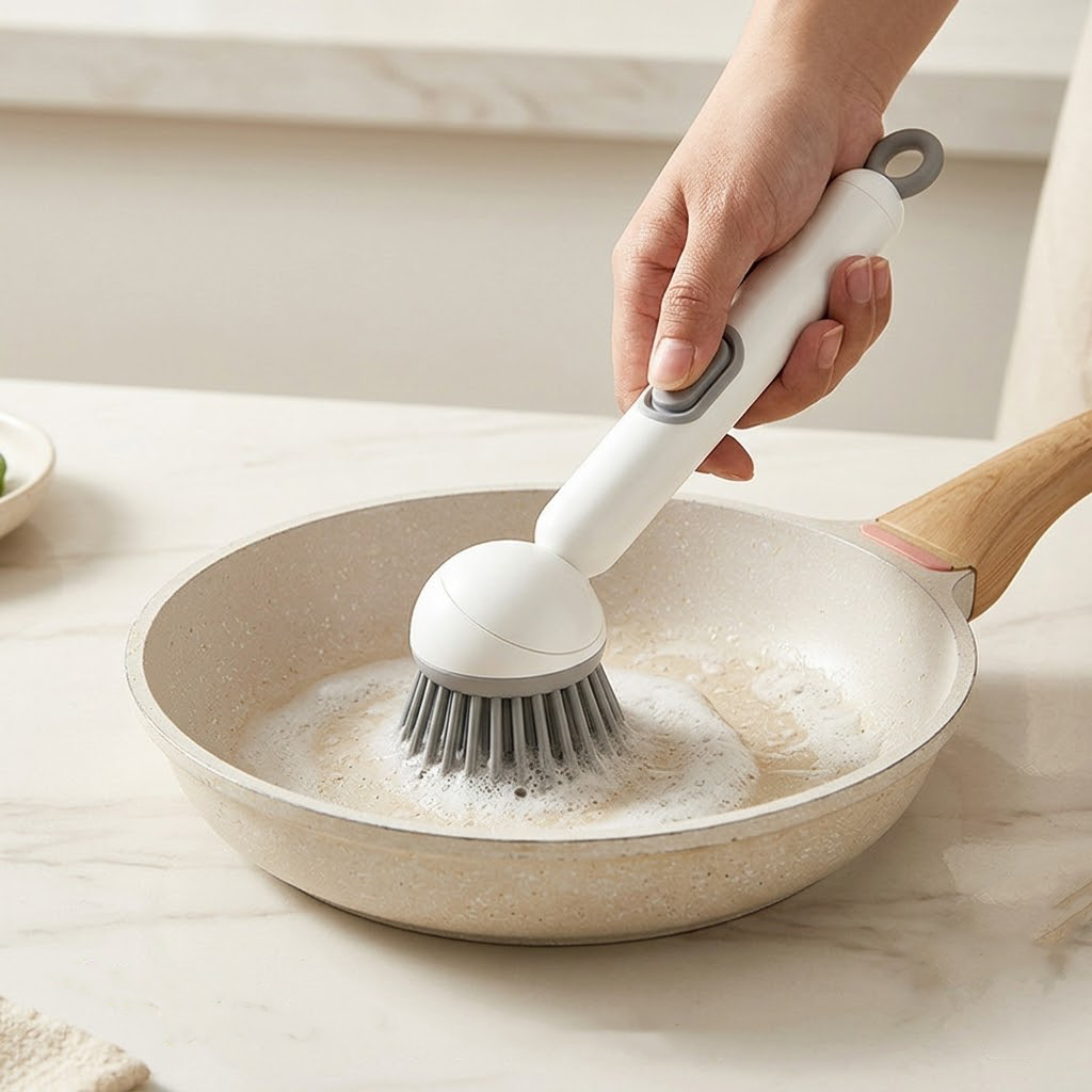 Qylinacosh Soap Dispensing Dish Brush with Long Handle, Multi-functional Kitchen Scrub Brush for Pots, Pans and Sink, Press-to-Release Liquid Cleaning Tool
