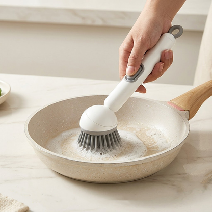 Qylinacosh Soap Dispensing Dish Brush with Long Handle, Multi-functional Kitchen Scrub Brush for Pots, Pans and Sink, Press-to-Release Liquid Cleaning Tool