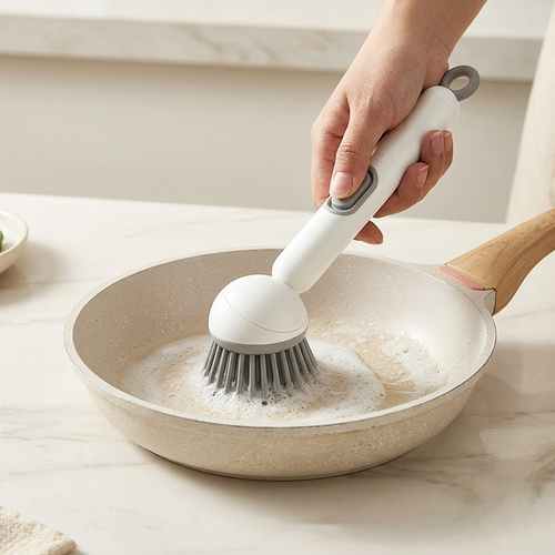 Qylinacosh Soap Dispensing Dish Brush with Long Handle, Multi-functional Kitchen Scrub Brush for Pots, Pans and Sink, Press-to-Release Liquid Cleaning Tool