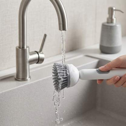 Qylinacosh Soap Dispensing Dish Brush with Long Handle, Multi-functional Kitchen Scrub Brush for Pots, Pans and Sink, Press-to-Release Liquid Cleaning Tool