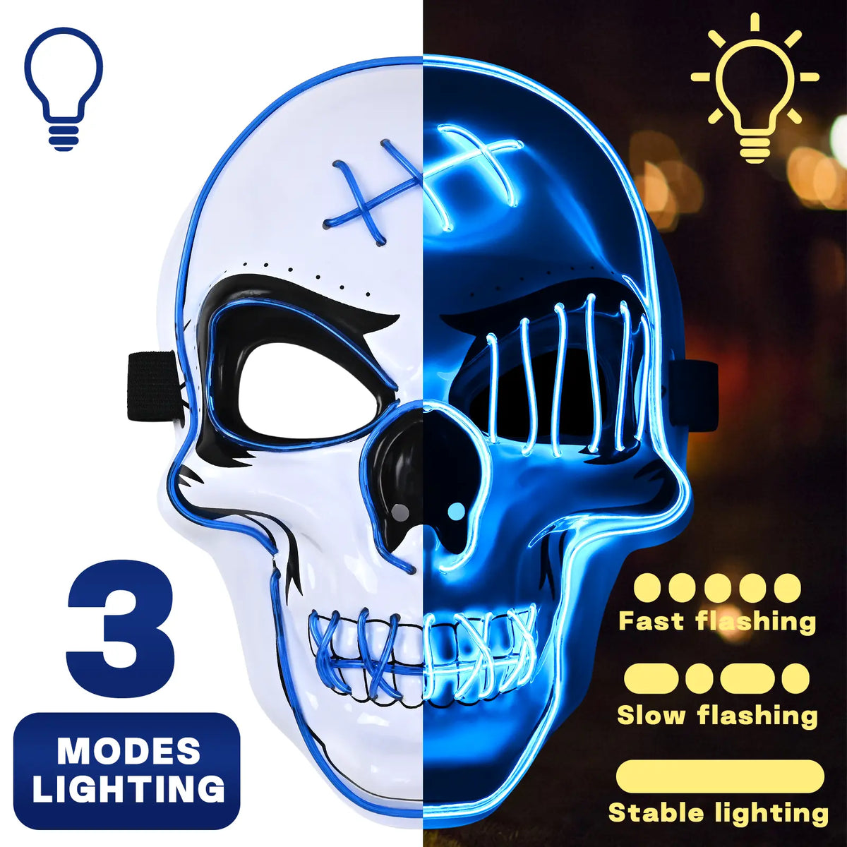 Blue LED skeleton mask showing three lighting modes