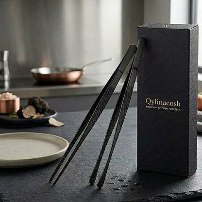 Qylinacosh | Elite Precision Kitchen Tweezers - Matte Black Stainless Steel Culinary Tongs