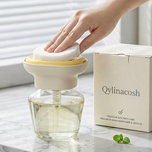 Qylinacosh Premium Soap Dispenser with Sponge Holder - 2-in-1 Compact Countertop Dish Soap Pump - One-Hand Press Operation for Effortless Kitchen Cleaning