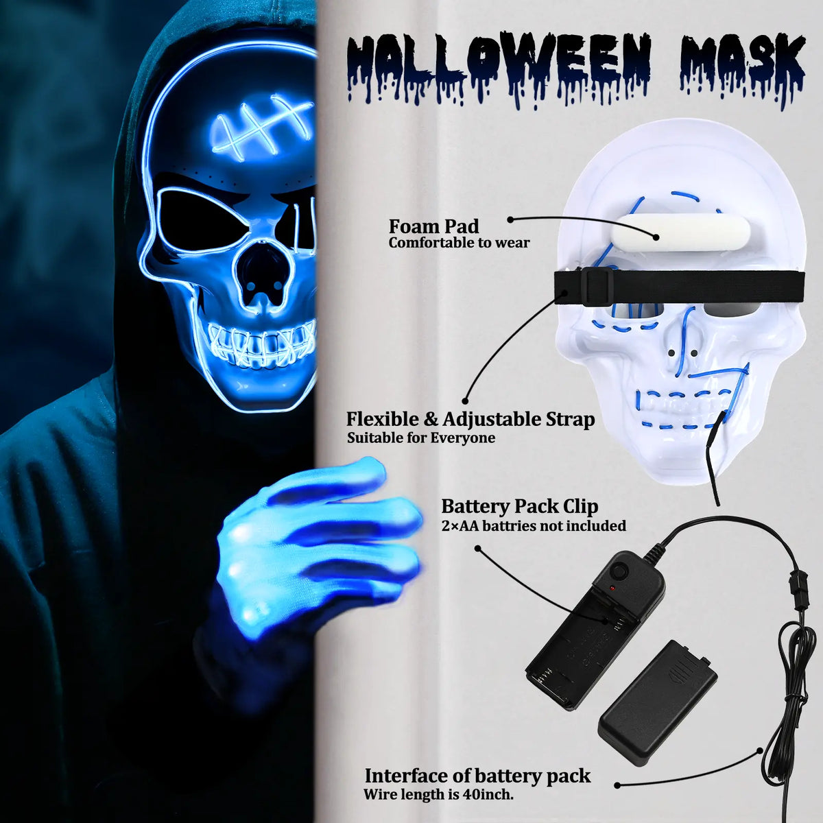 Rear view of LED skeleton mask with foam pad, adjustable strap, and battery pack
