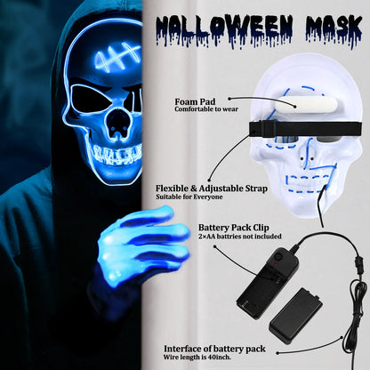 Rear view of LED skeleton mask with foam pad, adjustable strap, and battery pack