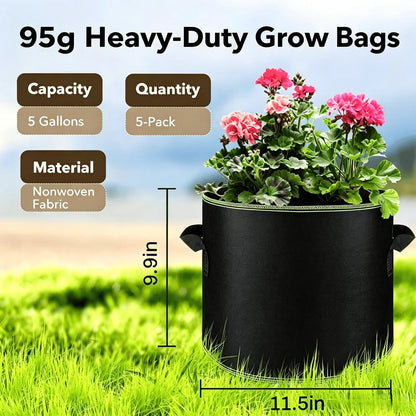 🌱Elyviana 5-Pack 5 Gallon Grow Bags – Heavy Duty Aeration Fabric Pots🪴