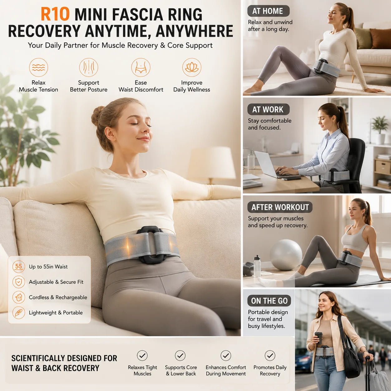 2026 New Fascia Ring R10 Mini Muscle Recovery Fascia Device upgraded adjustable strap fits Up to 55in waist, Cordless Rechargeable, Designed for Waist & Back Muscle Recovery portable massager parents gift summervibes
