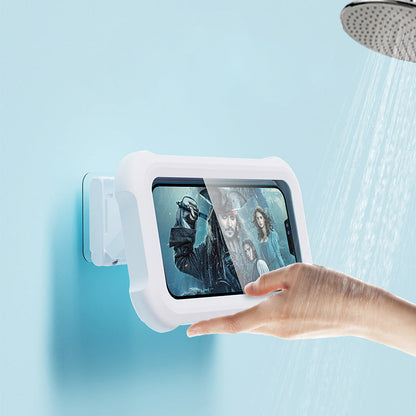 White shower phone holder mounted on a bathroom wall beneath a showerhead