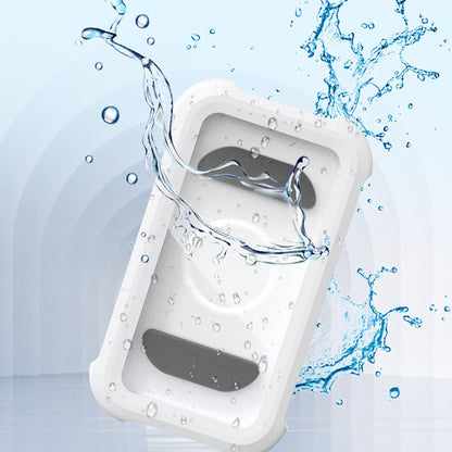 White waterproof phone holder shown with water splash graphics