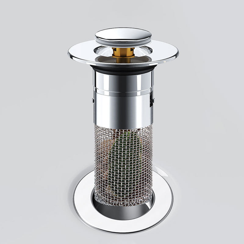 Sink drain stopper with a raised push-button cap and mesh basket