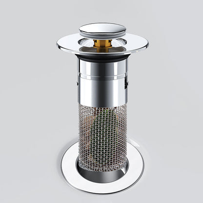 Sink drain stopper with a raised push-button cap and mesh basket